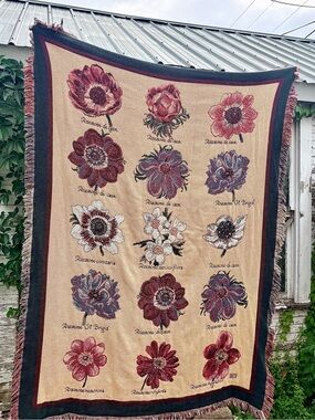 Vintage Goodwin Weavers Tapestry Throw Blanket- Botanical Anemone Flowers